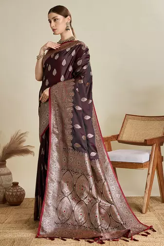 Maroon woven embellished self design satin silk blend banarasi saree with blouse