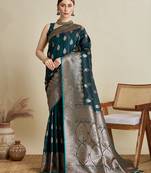 Dark green woven embellished self design satin silk blend banarasi saree with blouse