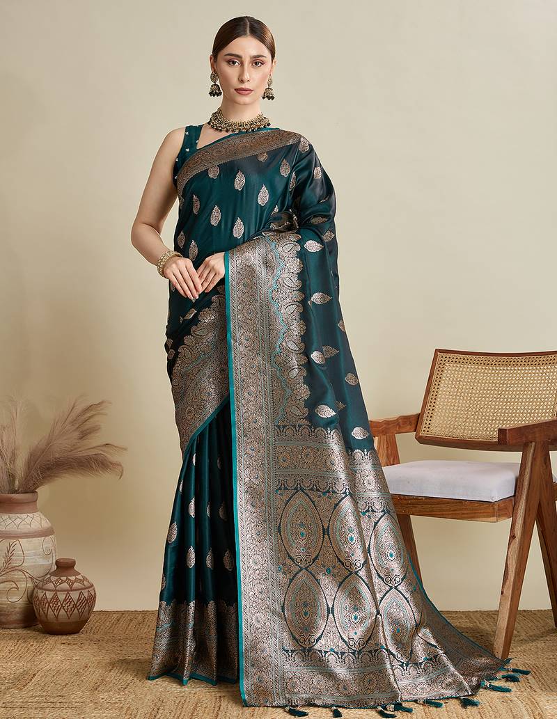 Dark green woven embellished self design satin silk blend banarasi saree with blouse