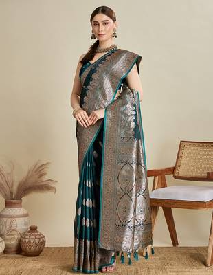 Dark green woven embellished self design satin silk blend blend banarasi saree with blouse 2