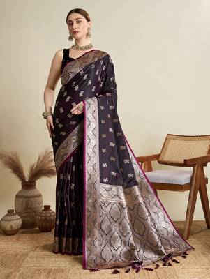 Wine woven embellished self design satin silk blend blend banarasi saree with blouse 1
