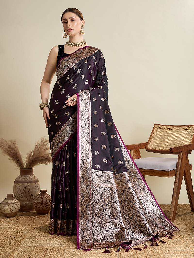 Wine woven embellished self design satin silk blend banarasi saree with blouse