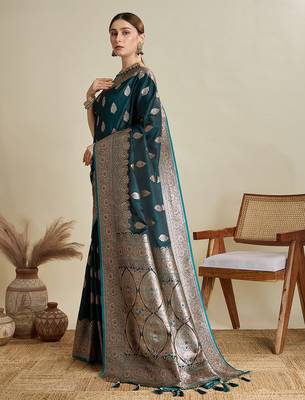 Dark green woven embellished self design satin silk blend blend banarasi saree with blouse 3