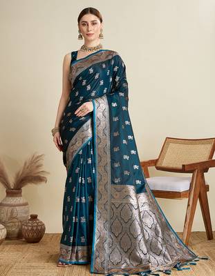 Teal blue woven embellished self design satin silk blend blend banarasi saree with blouse 1