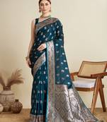 Teal blue woven embellished self design satin silk blend banarasi saree with blouse