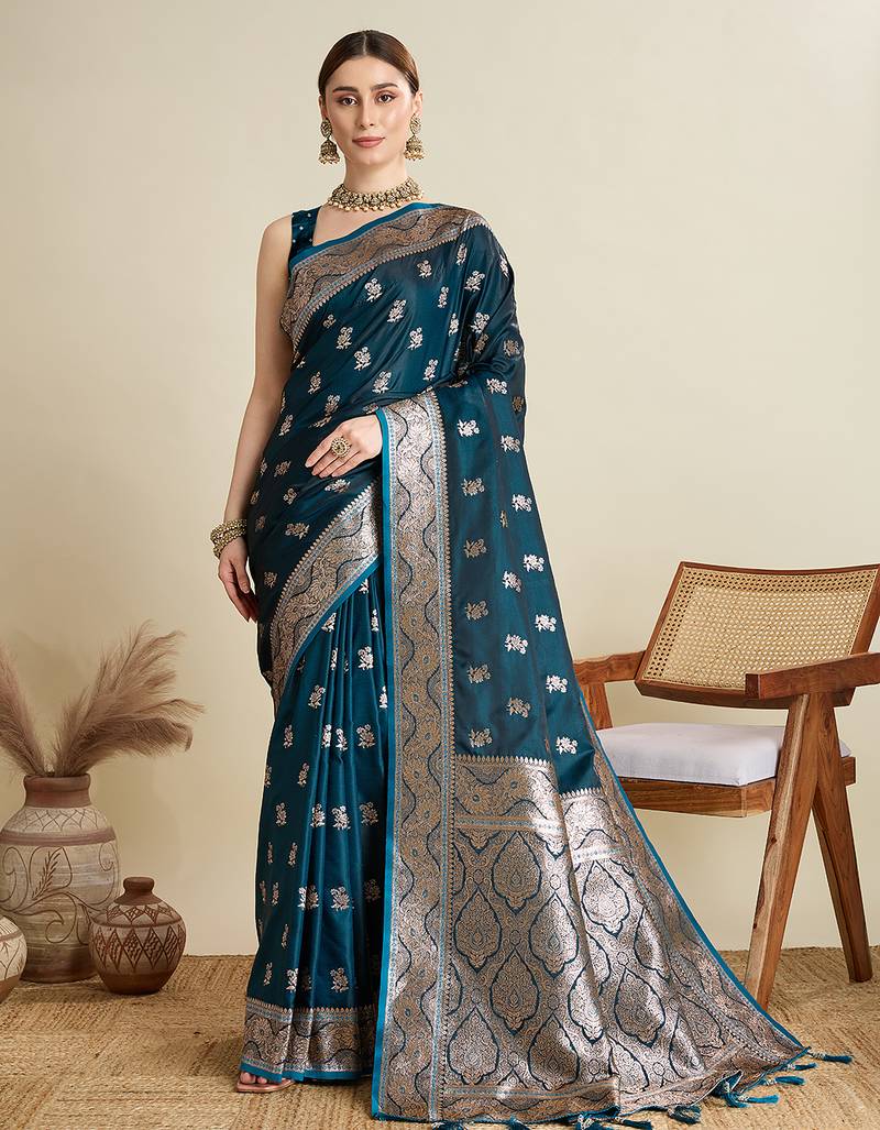 Teal blue woven embellished self design satin silk blend banarasi saree with blouse