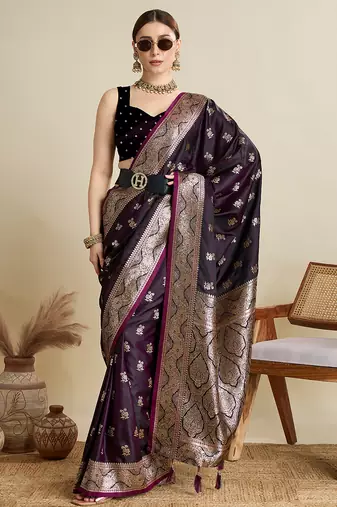 Wine woven embellished self design satin silk blend banarasi saree with blouse