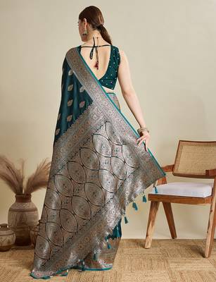 Dark green woven embellished self design satin silk blend blend banarasi saree with blouse 4