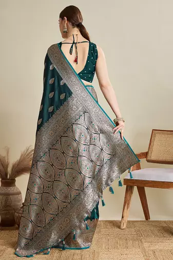 Dark green woven embellished self design satin silk blend banarasi saree with blouse