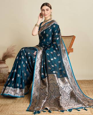 Teal blue woven embellished self design satin silk blend blend banarasi saree with blouse 2