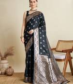 Navy blue woven embellished self design satin silk blend banarasi saree with blouse