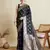 Navy blue woven embellished self design satin silk blend banarasi saree with blouse