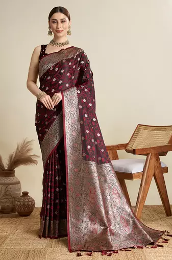 Maroon woven embellished self design satin silk blend banarasi saree with blouse