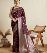 Maroon woven embellished self design satin silk blend banarasi saree with blouse