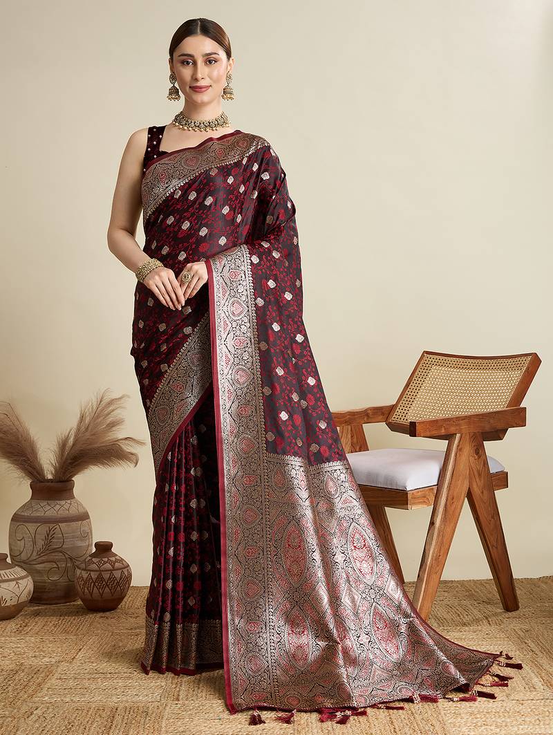 Maroon woven embellished self design satin silk blend banarasi saree with blouse