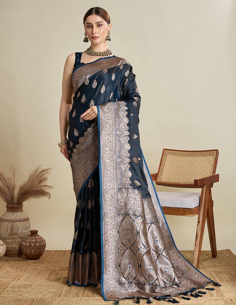Navy blue woven embellished self design satin silk blend banarasi saree with blouse