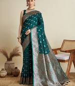 Teal green woven embellished self design satin silk blend banarasi saree with blouse