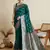 Teal green woven embellished self design satin silk blend banarasi saree with blouse