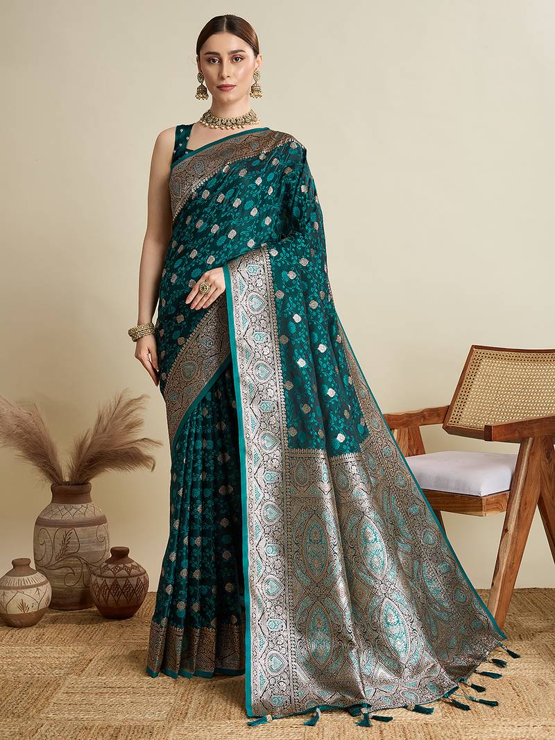 Teal green woven embellished self design satin silk blend banarasi saree with blouse