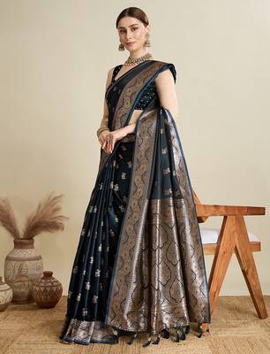 Navy blue woven embellished self design satin silk blend blend banarasi saree with blouse 2