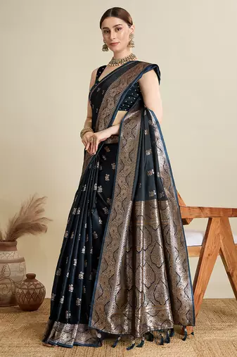 Navy blue woven embellished self design satin silk blend banarasi saree with blouse