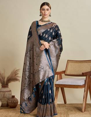 Navy blue woven embellished self design satin silk blend blend banarasi saree with blouse 2