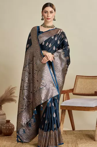 Navy blue woven embellished self design satin silk blend banarasi saree with blouse