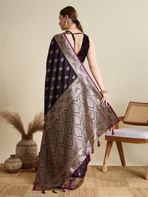 Wine woven embellished self design satin silk blend blend banarasi saree with blouse 4