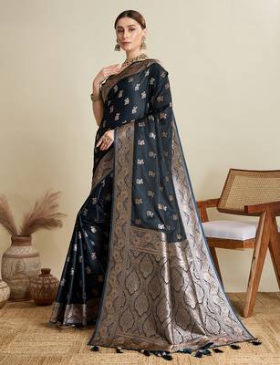 Navy blue woven embellished self design satin silk blend blend banarasi saree with blouse 3