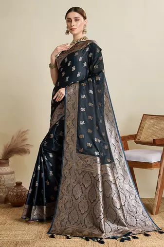 Navy blue woven embellished self design satin silk blend banarasi saree with blouse