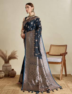 Navy blue woven embellished self design satin silk blend blend banarasi saree with blouse 3