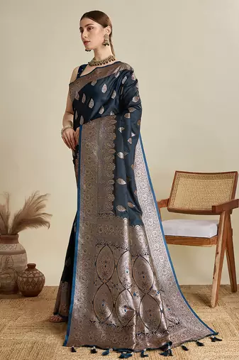 Navy blue woven embellished self design satin silk blend banarasi saree with blouse