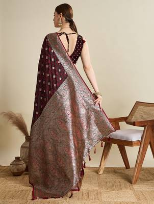Maroon woven embellished self design satin silk blend blend banarasi saree with blouse 4