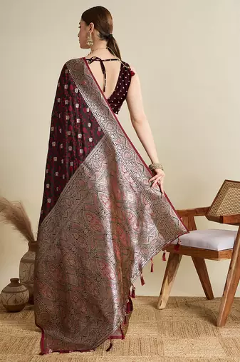 Maroon woven embellished self design satin silk blend banarasi saree with blouse