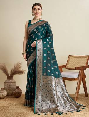 Dark green woven embellished self design satin silk blend blend banarasi saree with blouse 1
