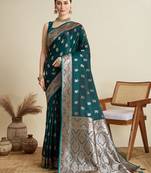 Dark green woven embellished self design satin silk blend banarasi saree with blouse