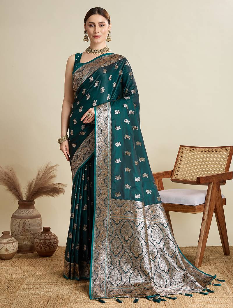 Dark green woven embellished self design satin silk blend banarasi saree with blouse