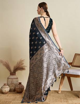Navy blue woven embellished self design satin silk blend blend banarasi saree with blouse 4