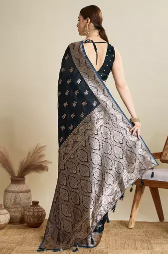 Navy blue woven embellished self design satin silk blend banarasi saree with blouse