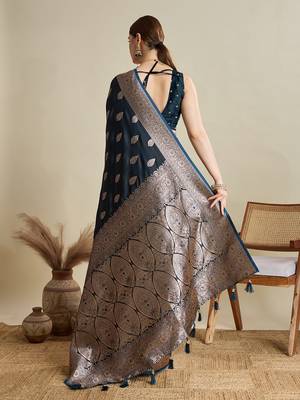 Navy blue woven embellished self design satin silk blend blend banarasi saree with blouse 4