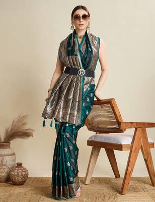 Dark green woven embellished self design satin silk blend blend banarasi saree with blouse 2