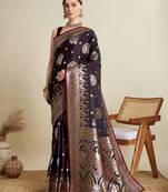 Wine woven embellished self design satin silk blend banarasi saree with blouse