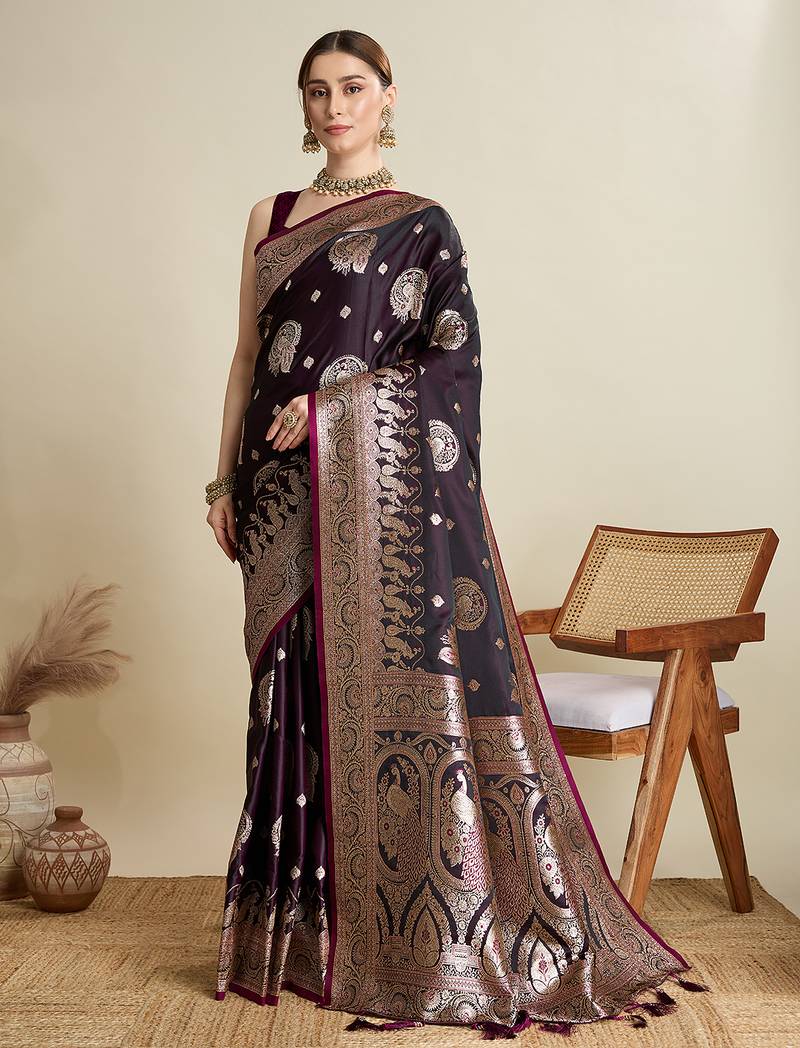 Wine woven embellished self design satin silk blend banarasi saree with blouse