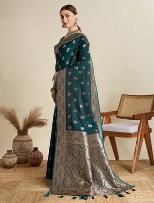Dark green woven embellished self design satin silk blend blend banarasi saree with blouse 3
