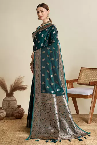 Dark green woven embellished self design satin silk blend banarasi saree with blouse