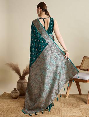 Teal green woven embellished self design satin silk blend blend banarasi saree with blouse 4