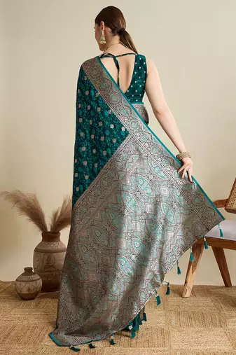 Teal green woven embellished self design satin silk blend banarasi saree with blouse