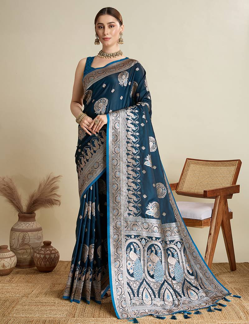 Teal blue woven embellished self design satin silk blend banarasi saree with blouse
