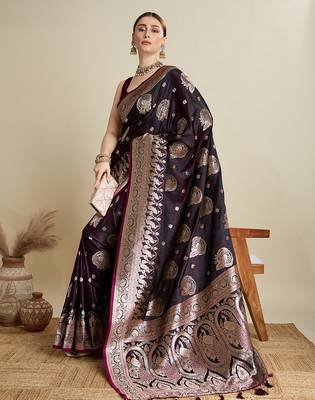 Wine woven embellished self design satin silk blend blend banarasi saree with blouse 2