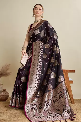 Wine woven embellished self design satin silk blend banarasi saree with blouse